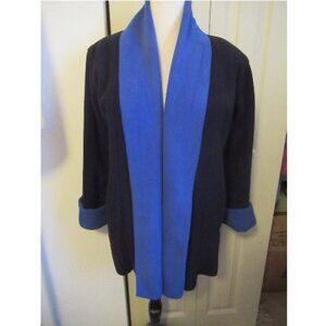 Open front blue-trmmed black jacket